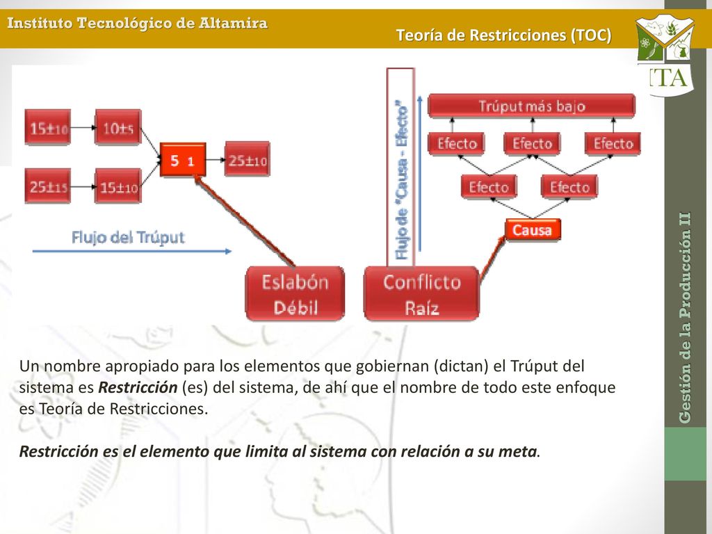 Un nombre apropiado para los elementos que gobiernan (dictan) el Trúput del sistema es Restricción (es) del sistema, de ahí que el nombre de todo este enfoque es Teoría de Restricciones.