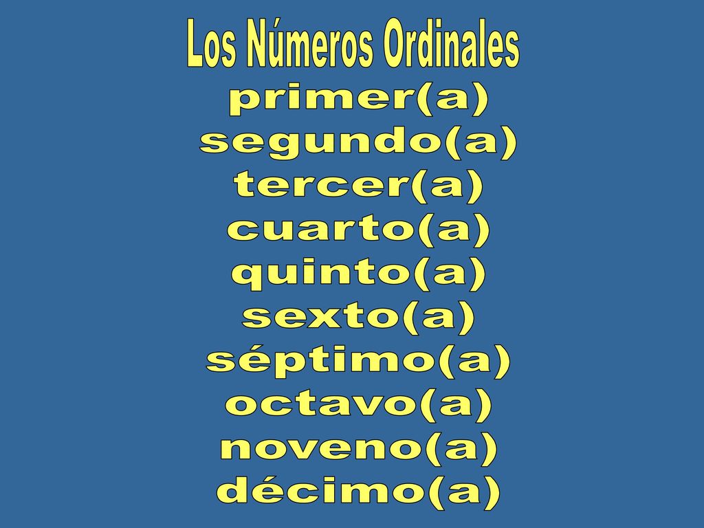 Los Números Ordinales primer(a) segundo(a) tercer(a) cuarto(a) quinto(a) sexto(a) séptimo(a) octavo(a)