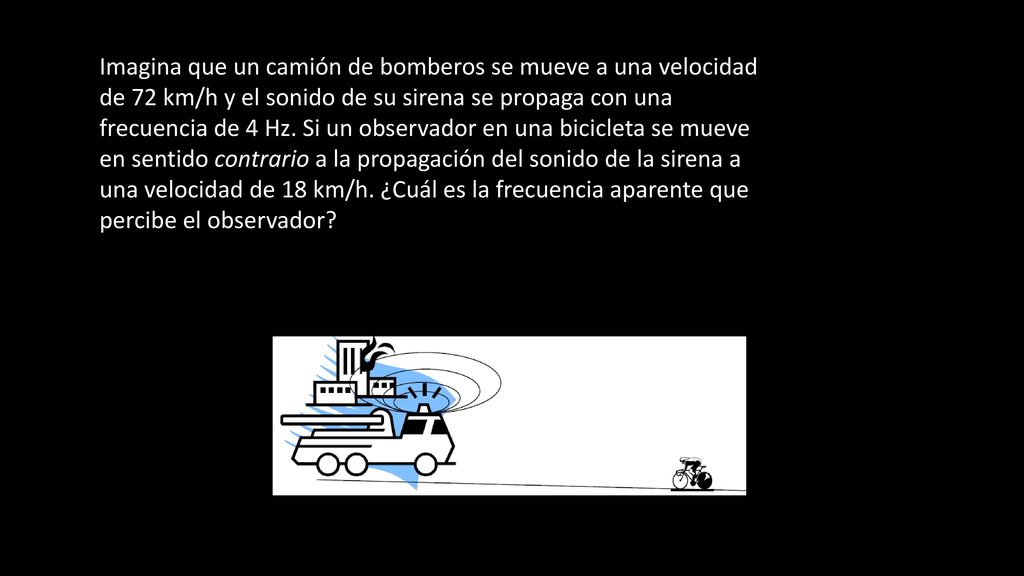 Imagina que un camión de bomberos se mueve a una velocidad de 72 km/h y el sonido de su sirena se propaga con una frecuencia de 4 Hz.