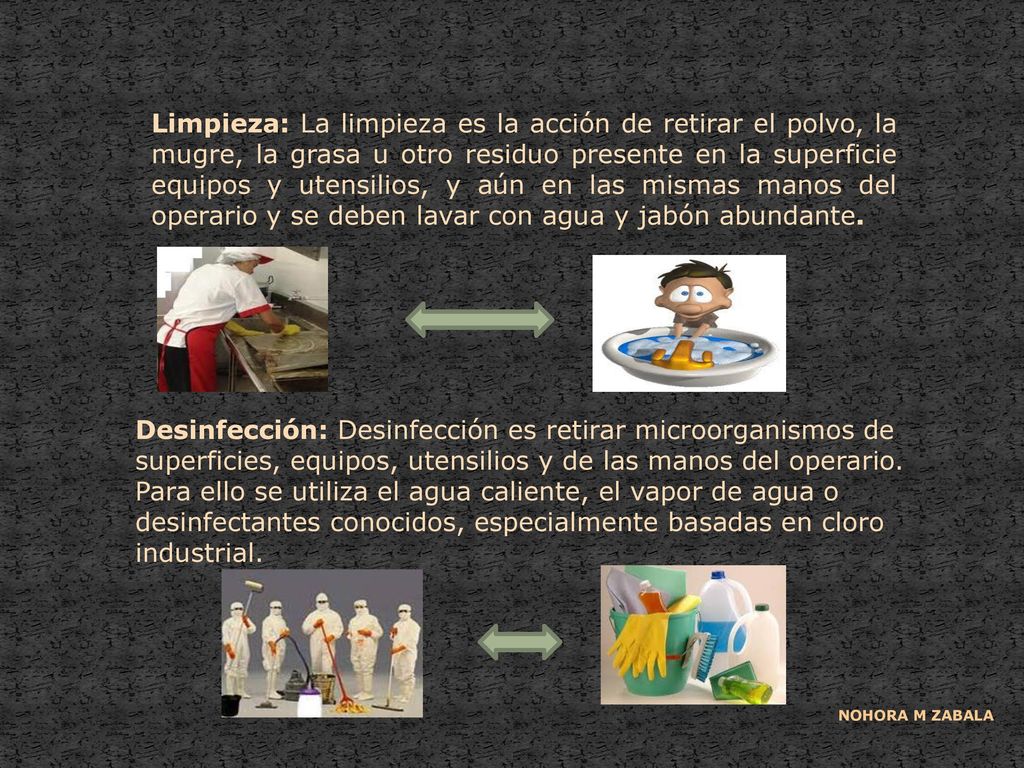 Limpieza: La limpieza es la acción de retirar el polvo, la mugre, la grasa u otro residuo presente en la superficie equipos y utensilios, y aún en las mismas manos del operario y se deben lavar con agua y jabón abundante.