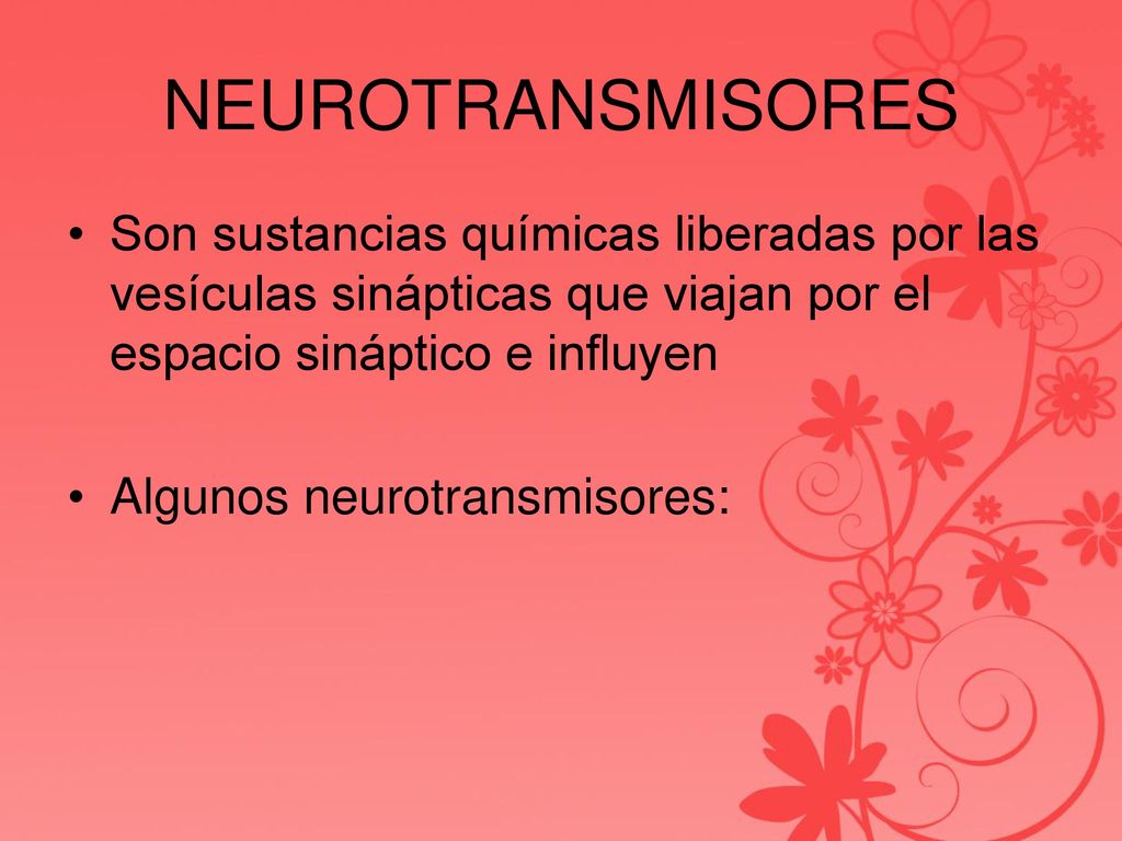 NEUROTRANSMISORES Son sustancias químicas liberadas por las vesículas sinápticas que viajan por el espacio sináptico e influyen.