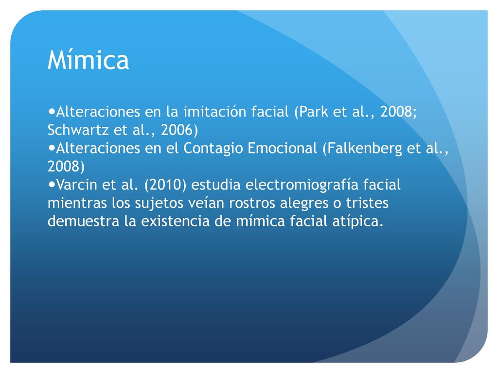 Mímica Alteraciones en la imitación facial (Park et al., 2008; Schwartz et al., 2006)