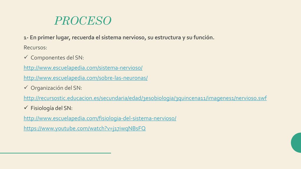 PROCESO 1- En primer lugar, recuerda el sistema nervioso, su estructura y su función. Recursos: Componentes del SN: