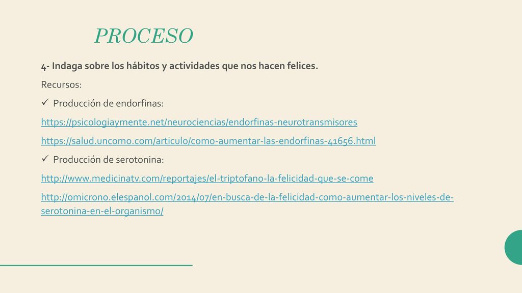 PROCESO 4- Indaga sobre los hábitos y actividades que nos hacen felices. Recursos: Producción de endorfinas: