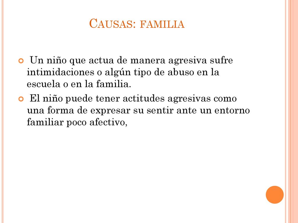 Causas: familia Un niño que actua de manera agresiva sufre intimidaciones o algún tipo de abuso en la escuela o en la familia.