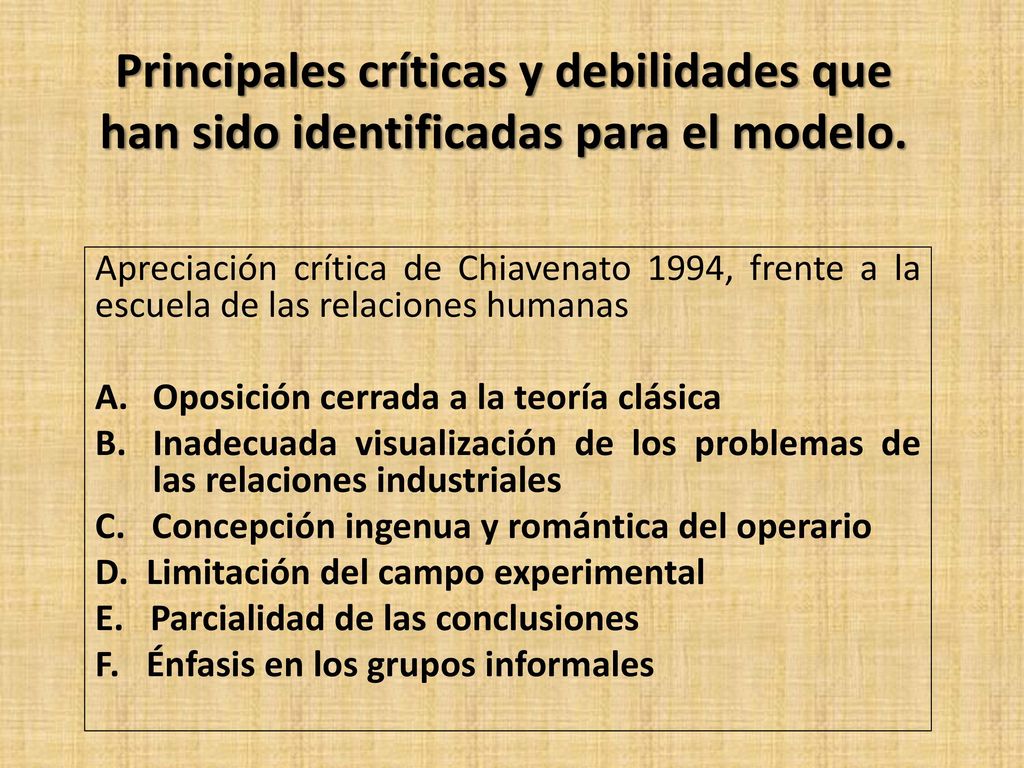 Principales críticas y debilidades que han sido identificadas para el modelo.