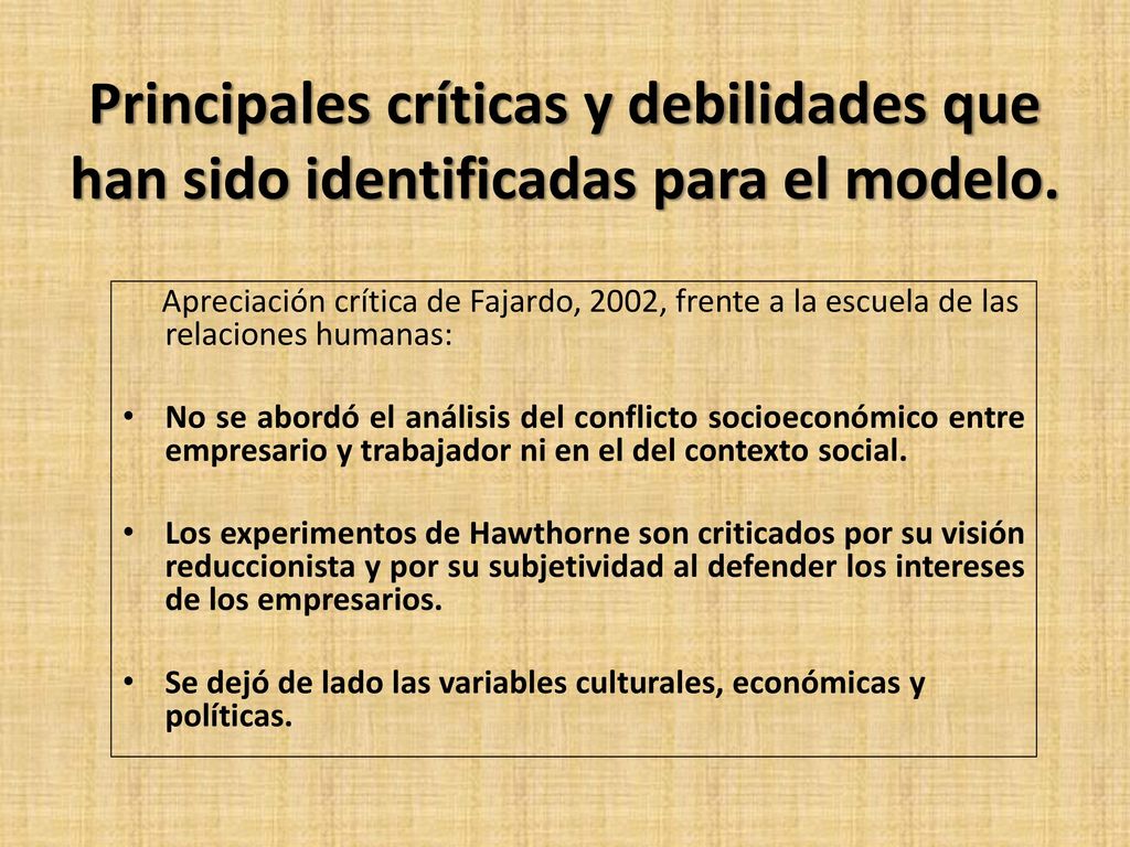Principales críticas y debilidades que han sido identificadas para el modelo.