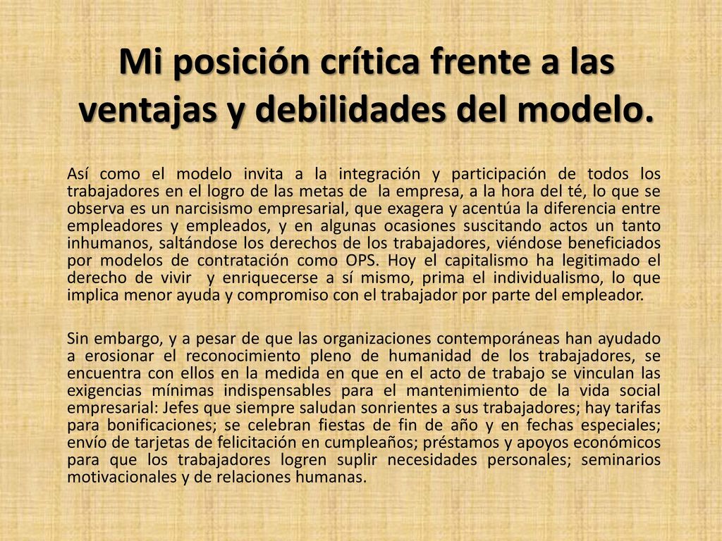Mi posición crítica frente a las ventajas y debilidades del modelo.