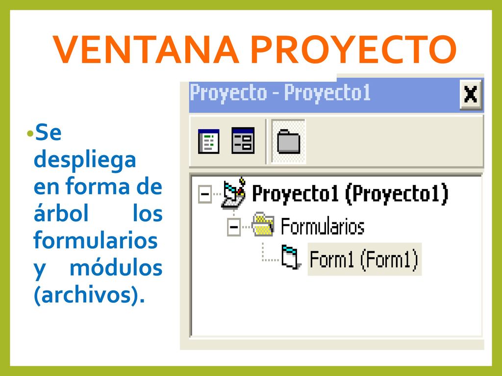 VENTANA PROYECTO Se despliega en forma de árbol los formularios y módulos (archivos).