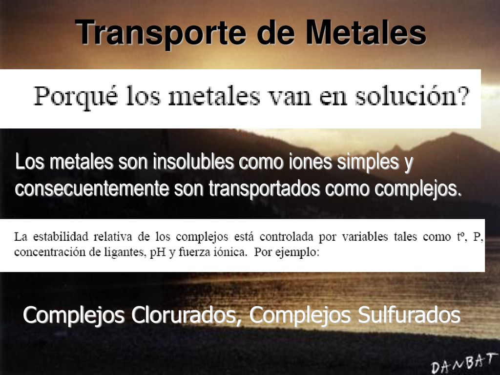 Transporte de Metales Los metales son insolubles como iones simples y consecuentemente son transportados como complejos.