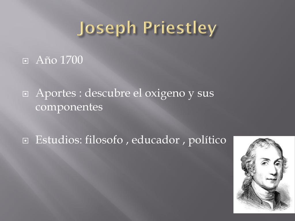 Joseph Priestley Año Aportes : descubre el oxigeno y sus componentes.