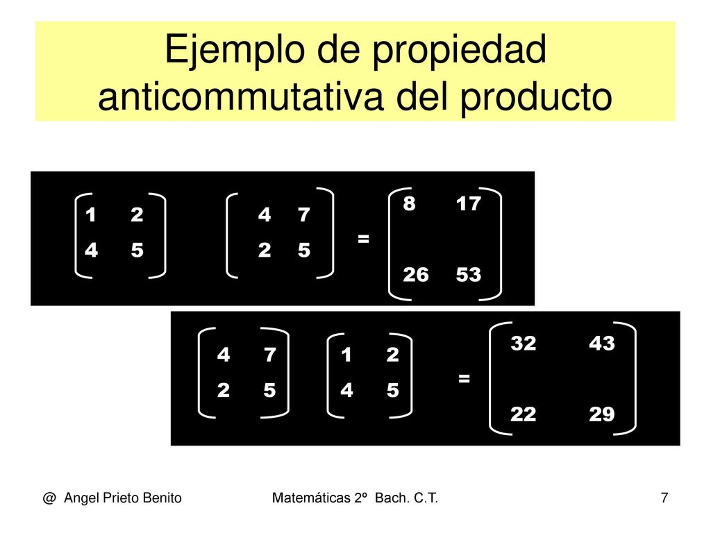 Ejemplo de propiedad anticommutativa del producto