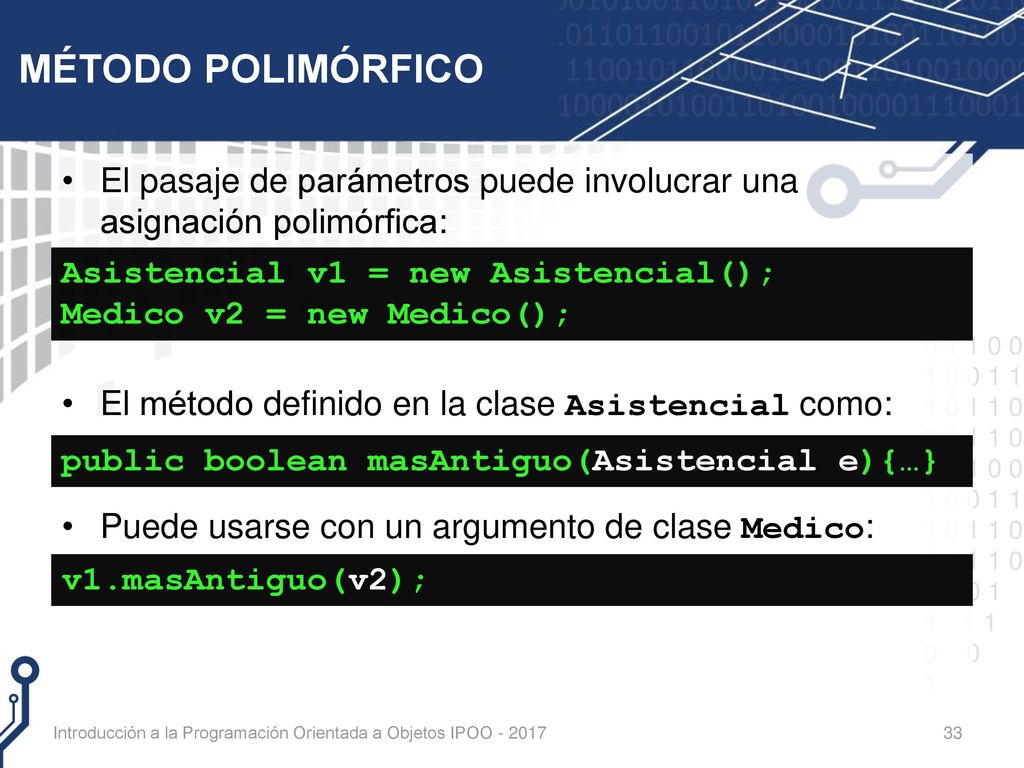 MÉTODO POLIMÓRFICO El pasaje de parámetros puede involucrar una asignación polimórfica: El método definido en la clase Asistencial como: