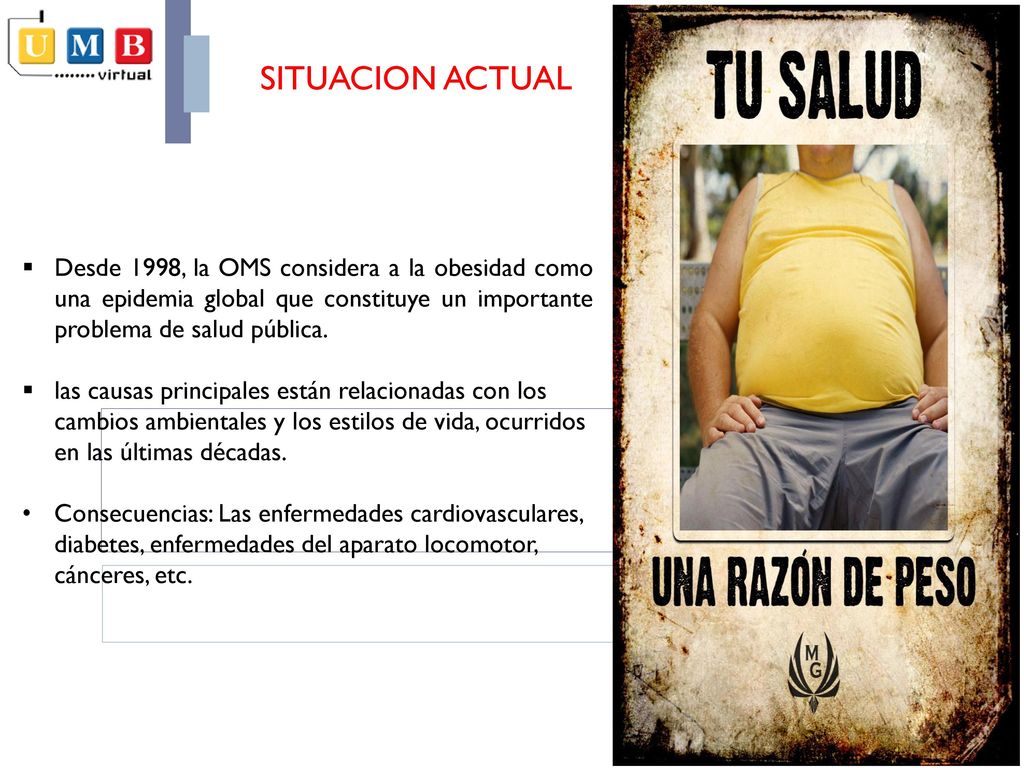 SITUACION ACTUAL Desde 1998, la OMS considera a la obesidad como una epidemia global que constituye un importante problema de salud pública.