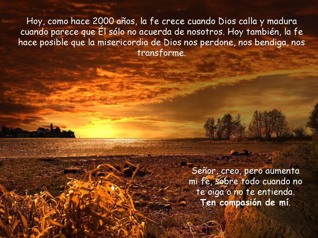 Hoy, como hace 2000 años, la fe crece cuando Dios calla y madura cuando parece que Él sólo no acuerda de nosotros. Hoy también, la fe hace posible que la misericordia de Dios nos perdone, nos bendiga, nos transforme.