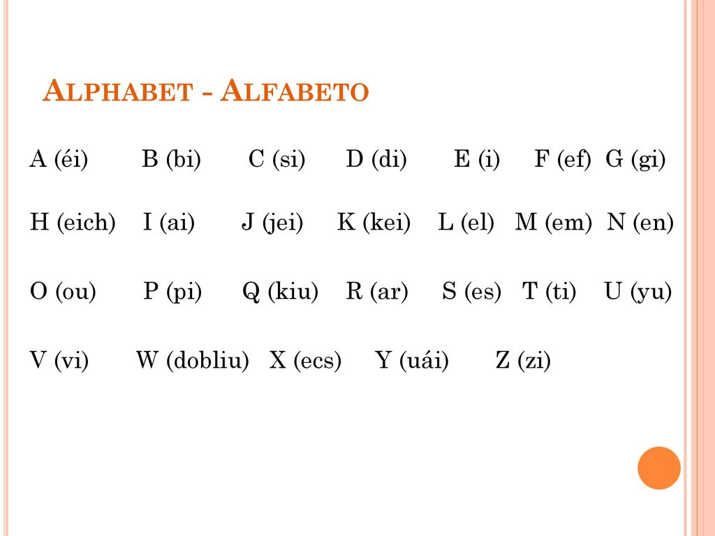 Alphabet - Alfabeto A (éi) B (bi) C (si) D (di) E (i) F (ef) G (gi)