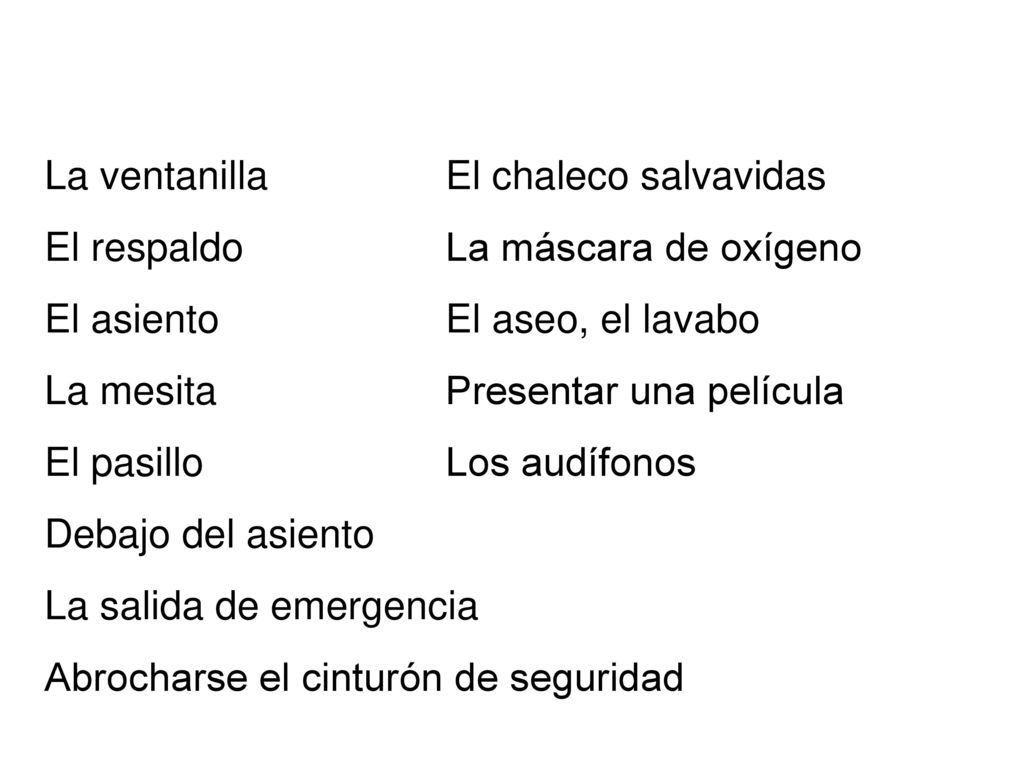 La ventanilla El respaldo. El asiento. La mesita. El pasillo. Debajo del asiento. La salida de emergencia.