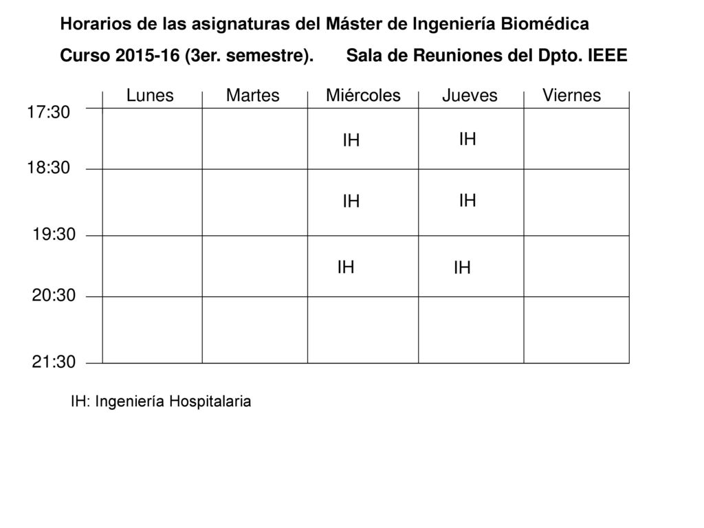 Horarios de las asignaturas del Máster de Ingeniería Biomédica