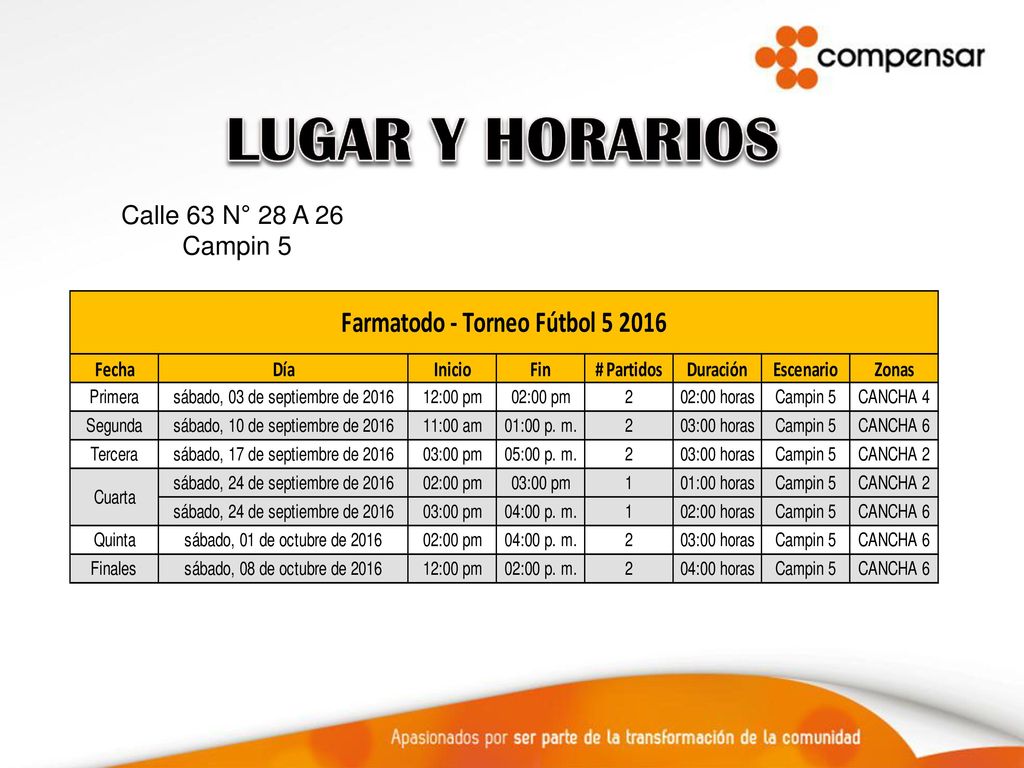 LUGAR Y HORARIOS Calle 63 N° 28 A 26 Campin 5