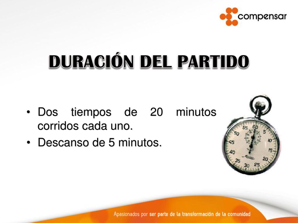 DURACIÓN DEL PARTIDO Dos tiempos de 20 minutos corridos cada uno.