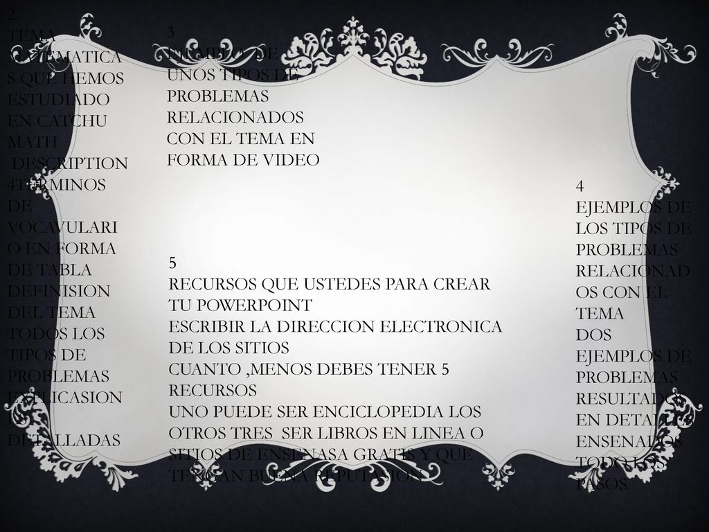 2 TEMA. MATEMATICAS QUE HEMOS ESTUDIADO EN CATCHU MATH. DESCRIPTION. 4TERMINOS DE VOCAVULARIO EN FORMA DE TABLA DEFINISION DEL TEMA.