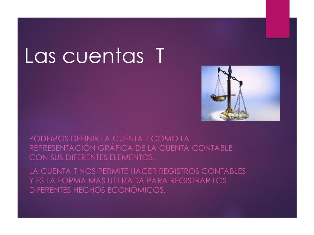 Las cuentas T Podemos definir la cuenta T como la representación gráfica de la cuenta contable con sus diferentes elementos.