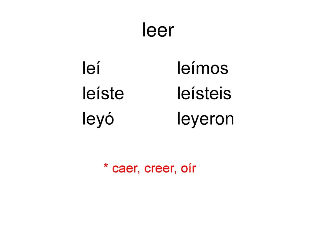 leer leí leímos leíste leísteis leyó leyeron * caer, creer, oír