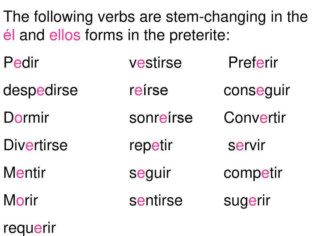 The following verbs are stem-changing in the él and ellos forms in the preterite: