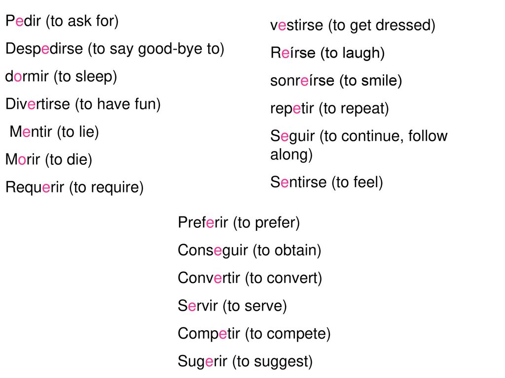 Pedir (to ask for) Despedirse (to say good-bye to) dormir (to sleep) Divertirse (to have fun) Mentir (to lie)
