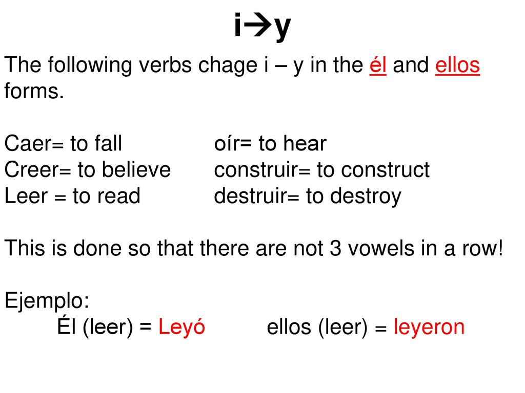 iy The following verbs chage i – y in the él and ellos forms.