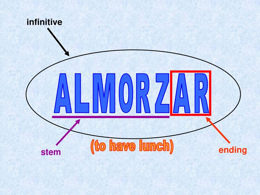 infinitive ending L O R A M Z stem (to have lunch)