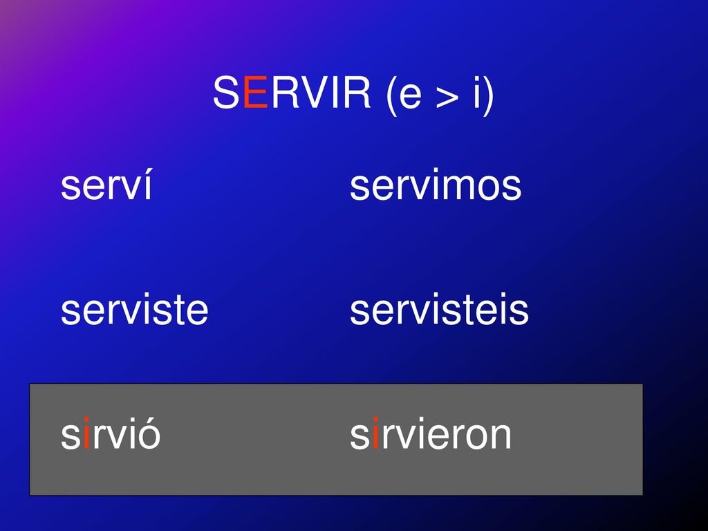 SERVIR (e > i) serví serviste sirvió servimos servisteis sirvieron
