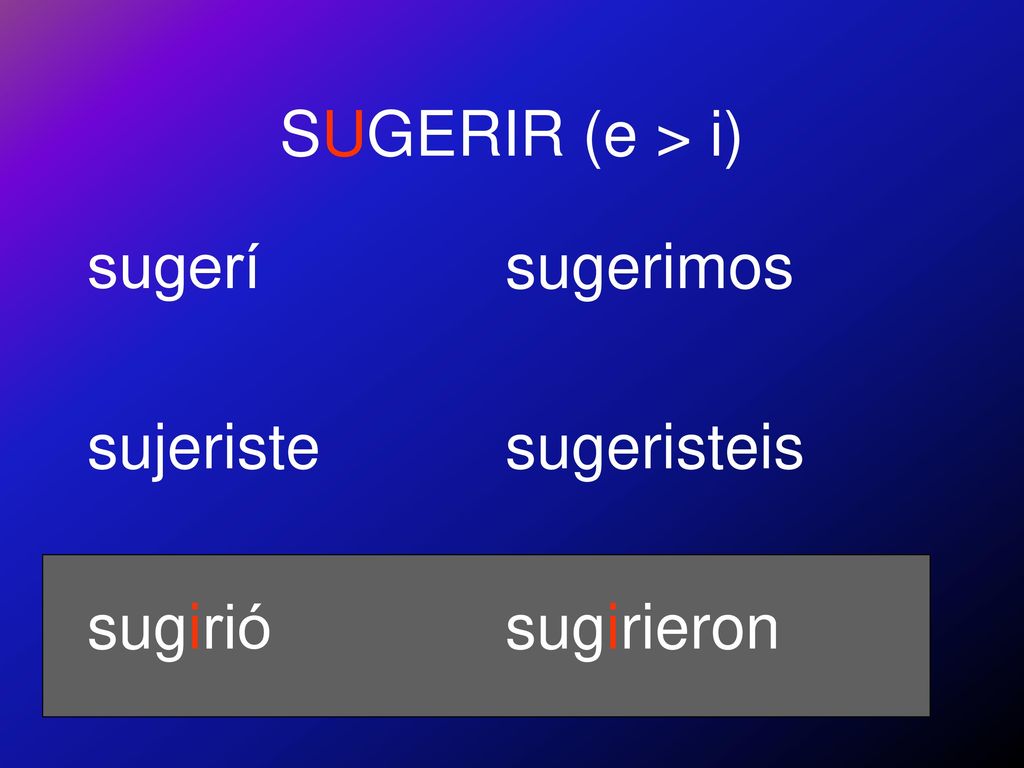 SUGERIR (e > i) sugerí sujeriste sugirió sugerimos sugeristeis sugirieron