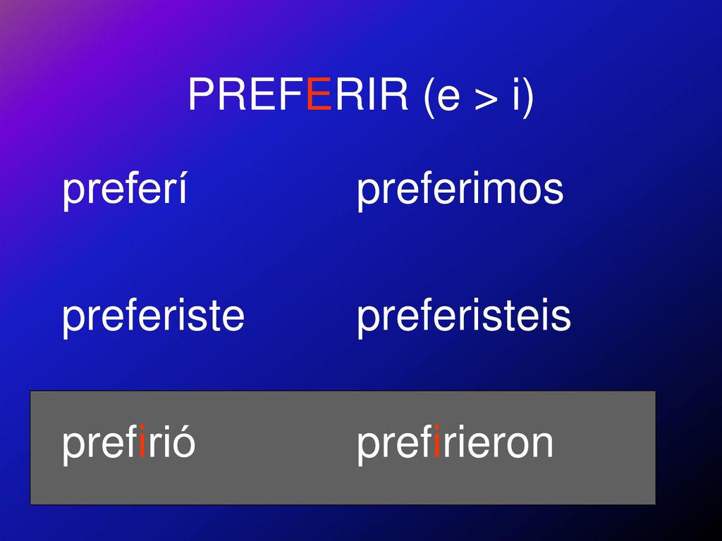 PREFERIR (e > i) preferí preferiste prefirió preferimos preferisteis prefirieron