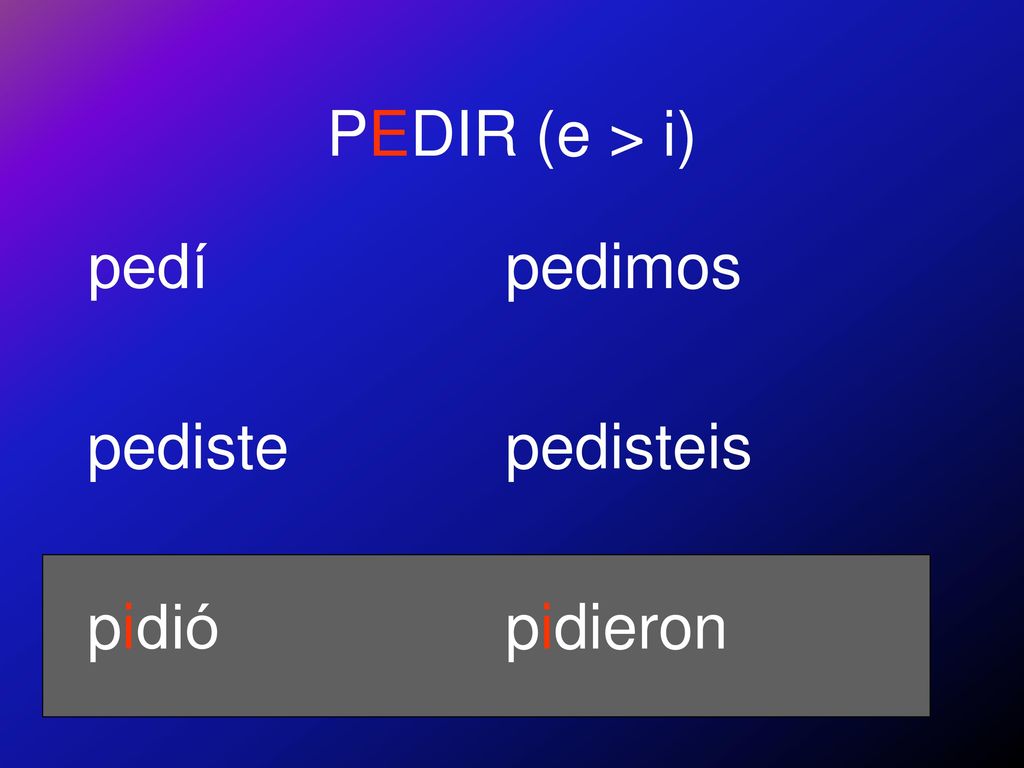 PEDIR (e > i) pedí pediste pidió pedimos pedisteis pidieron