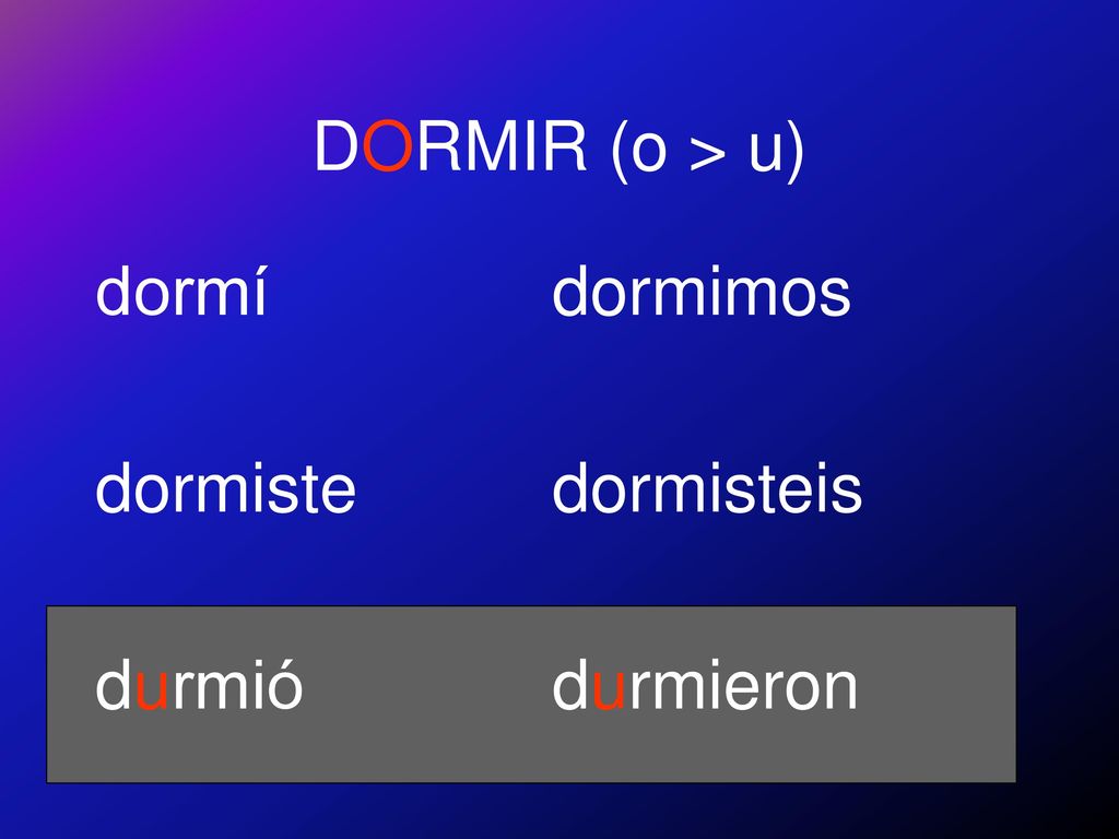 DORMIR (o > u) dormí dormiste durmió dormimos dormisteis durmieron