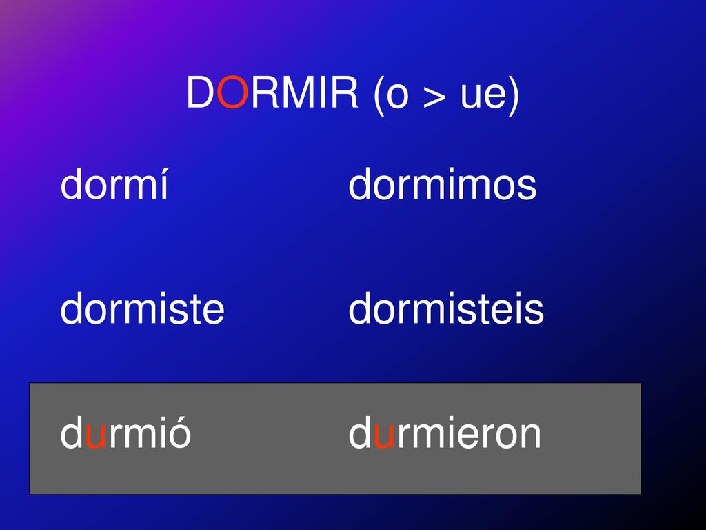DORMIR (o > ue) dormí dormiste durmió dormimos dormisteis durmieron
