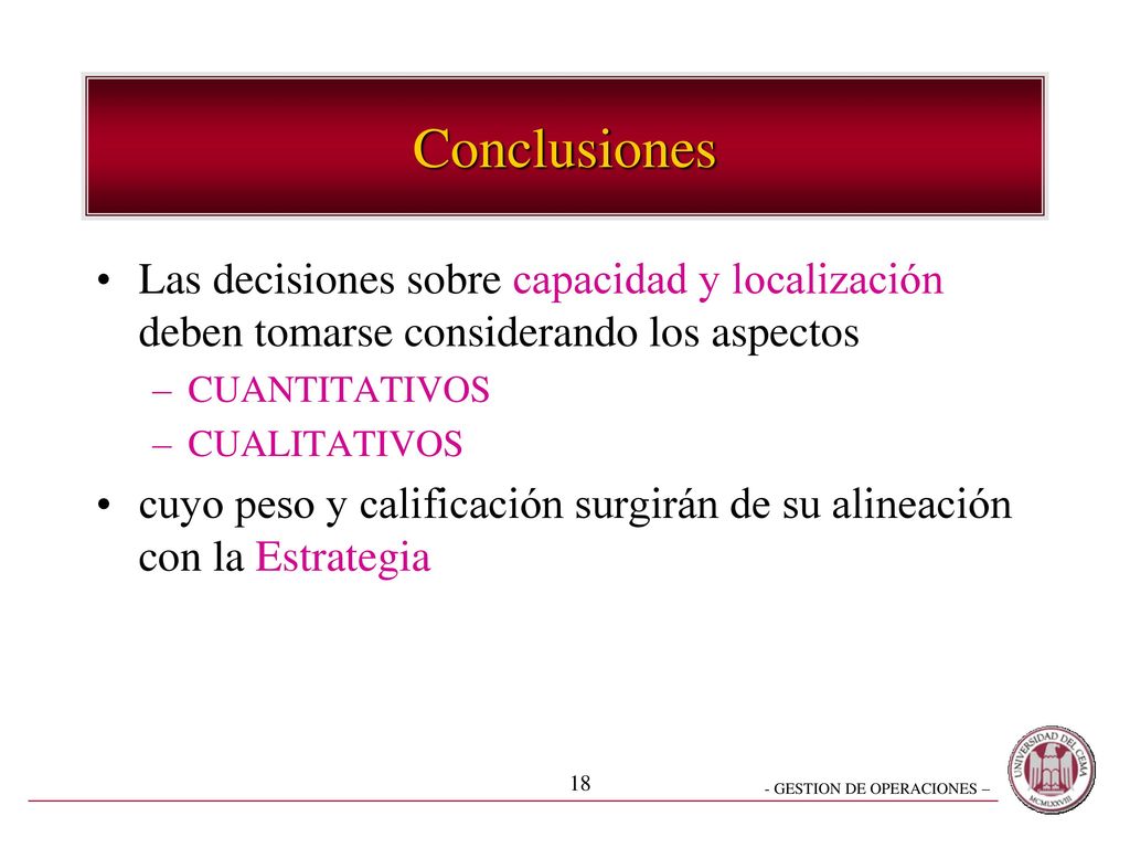Conclusiones Las decisiones sobre capacidad y localización deben tomarse considerando los aspectos.