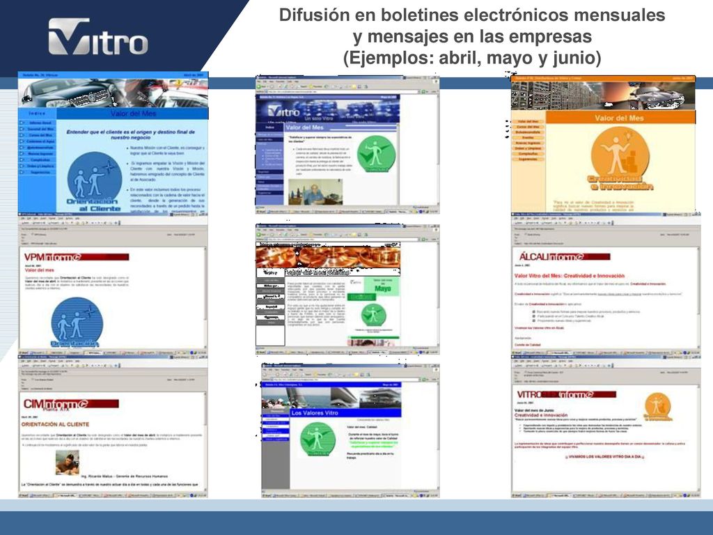 Difusión en boletines electrónicos mensuales y mensajes en las empresas (Ejemplos: abril, mayo y junio)
