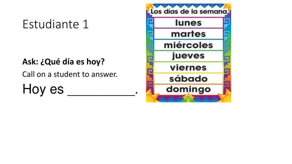 Estudiante 1 Hoy es _________. Ask: ¿Qué día es hoy