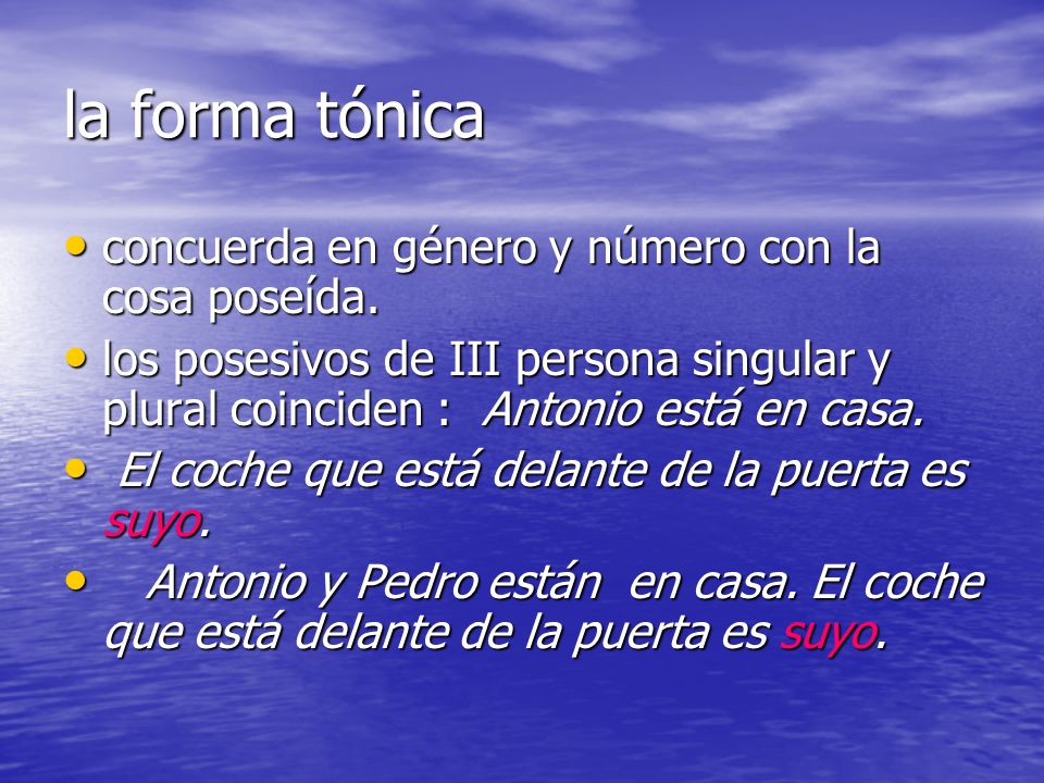 la forma tónica concuerda en género y número con la cosa poseída.