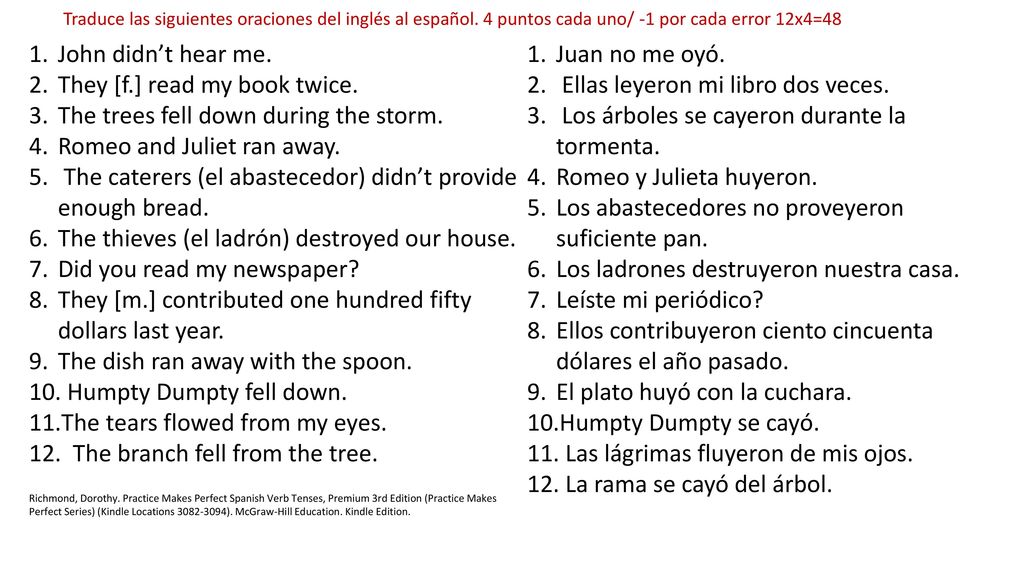 They [f.] read my book twice. The trees fell down during the storm.