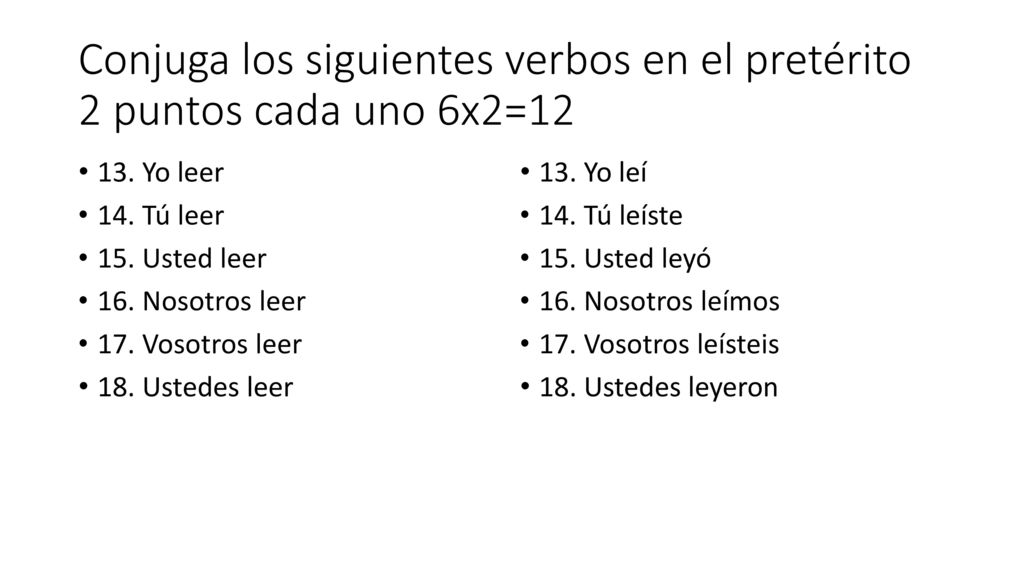 Conjuga los siguientes verbos en el pretérito 2 puntos cada uno 6x2=12