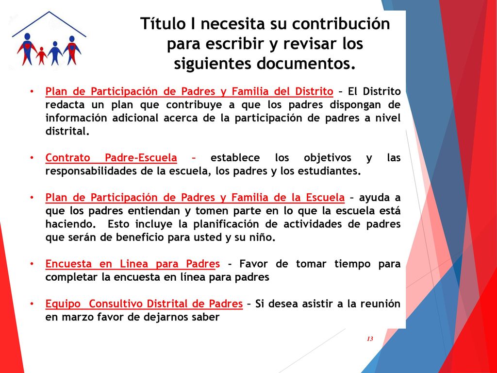 Título I necesita su contribución para escribir y revisar los siguientes documentos.