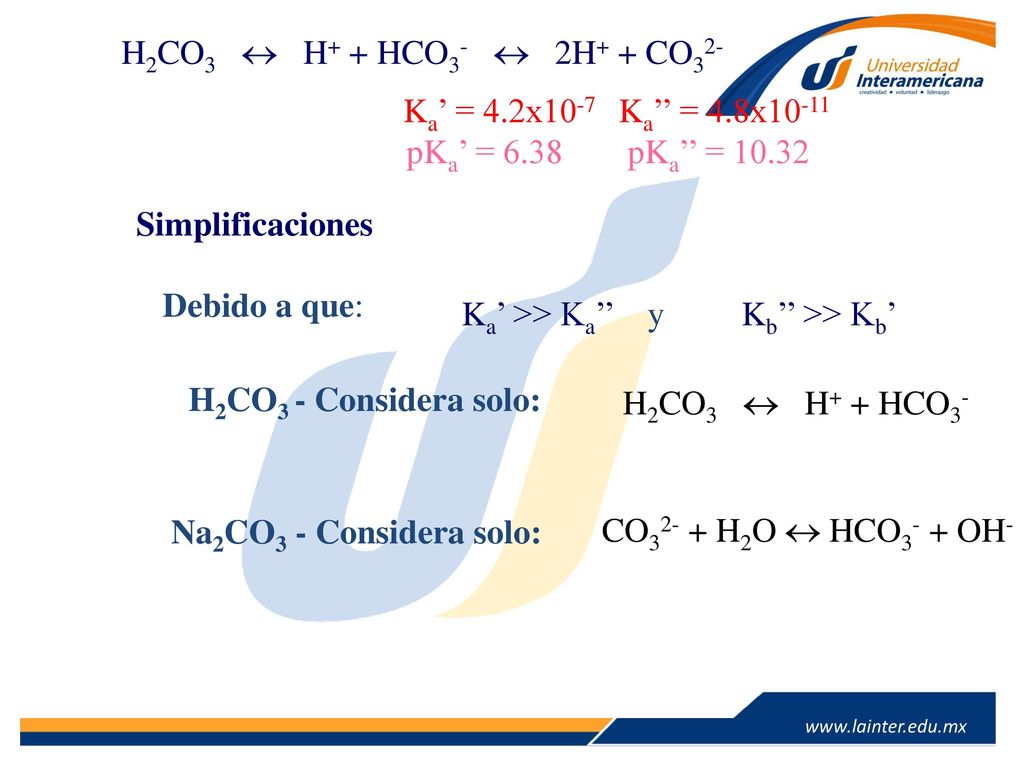 H2CO3  H+ + HCO3-  2H+ + CO32- Ka’ = 4.2x10-7. Ka’’ = 4.8x pKa’ = pKa’’ =