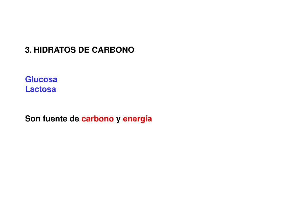 3. HIDRATOS DE CARBONO Glucosa Lactosa Son fuente de carbono y energía