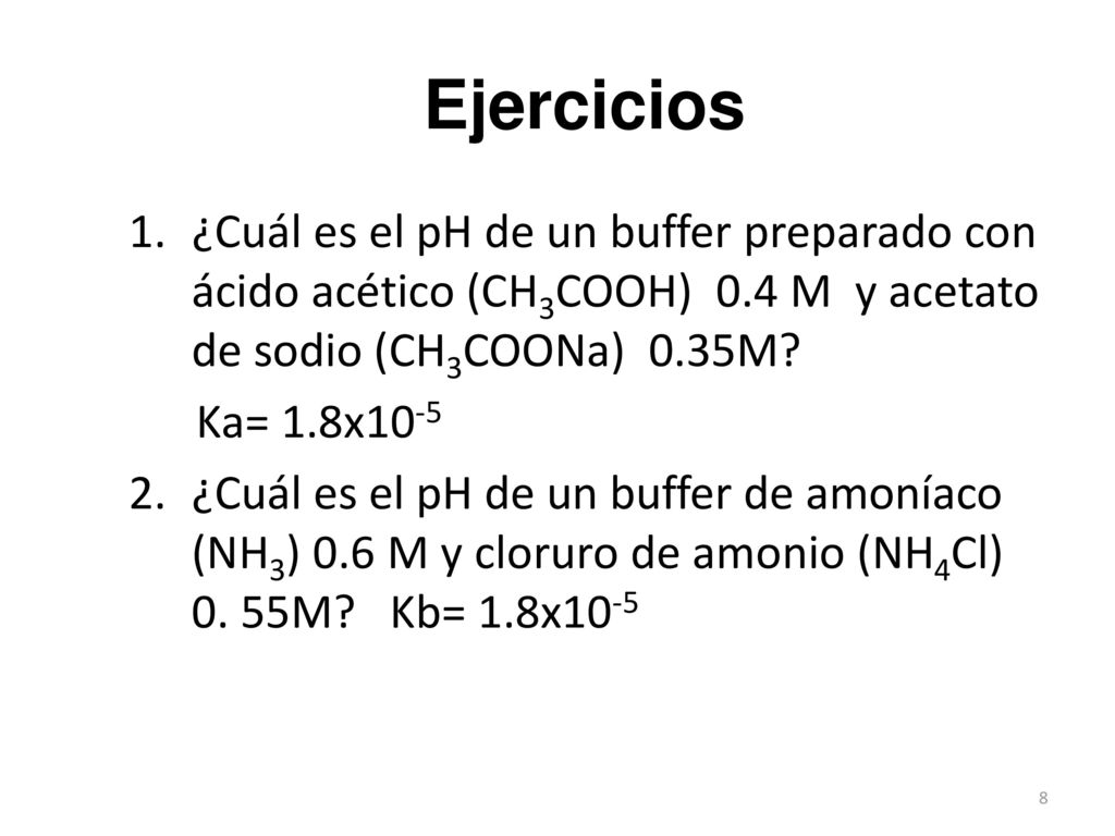 Ejercicios ¿Cuál es el pH de un buffer preparado con ácido acético (CH3COOH) 0.4 M y acetato de sodio (CH3COONa) 0.35M