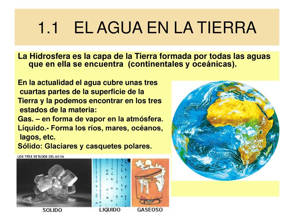 1.1 EL AGUA EN LA TIERRA La Hidrosfera es la capa de la Tierra formada por todas las aguas que en ella se encuentra (continentales y oceánicas).