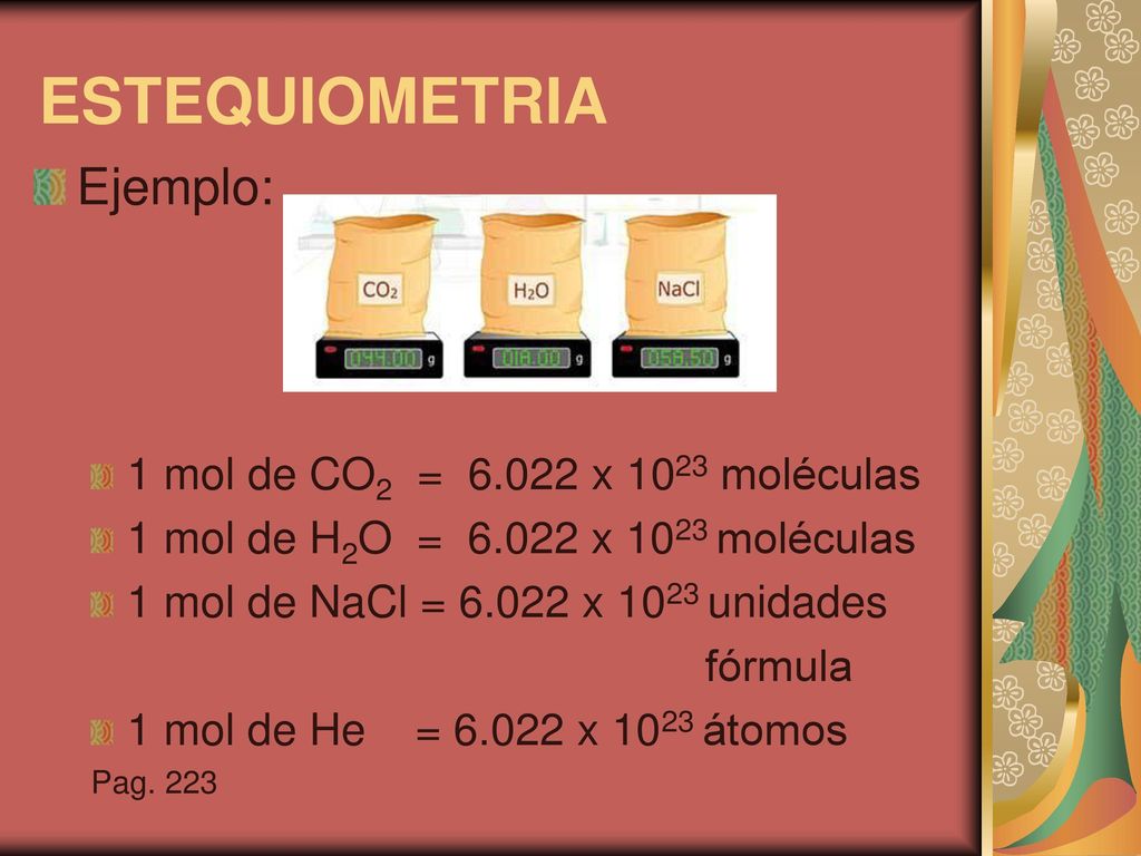 ESTEQUIOMETRIA Ejemplo: 1 mol de CO2 = x 1023 moléculas