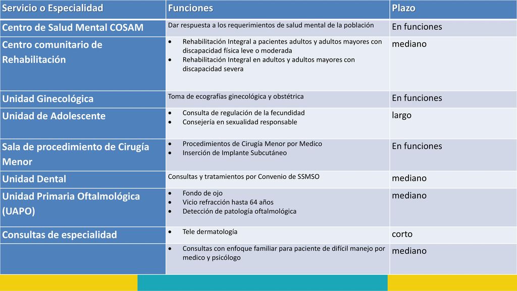 Servicio o Especialidad Funciones Plazo Centro de Salud Mental COSAM